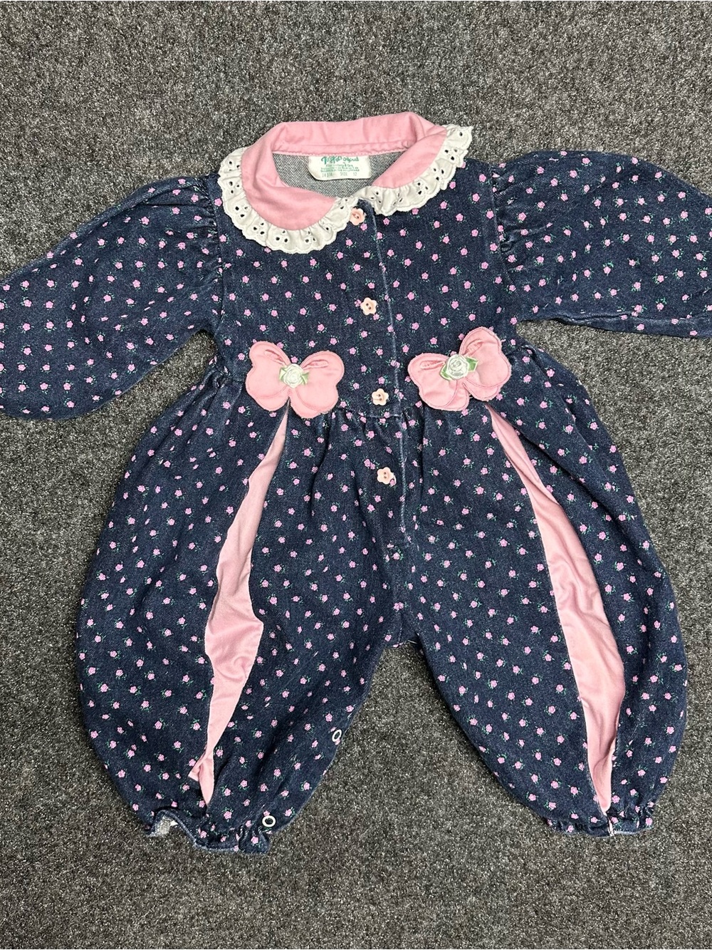 Vintage 90s denim baby romper bows girl pink floral Bubble balloon cottagecore